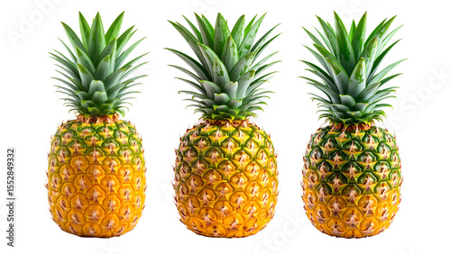 Closeup of whole pineapple displaying textured skin and green crown isolated on transparent background in studio lighting environment