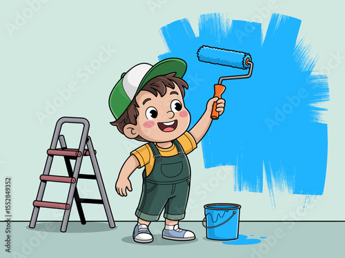 Child Painting Wall with Roller