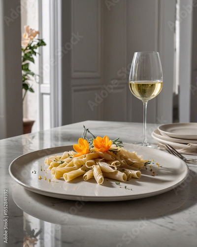 lifestyle photography of plate of pasta and drink on marble table with saffron flowers arranged in vase warm daylight dining room setting Premium Food Stock Photo Background Wallpaper