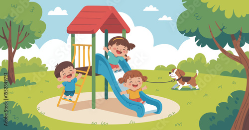 Kids Playing on Playground Slide with a Dog