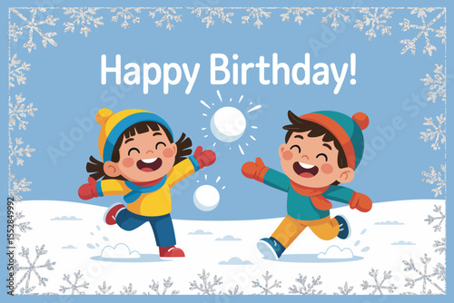 Happy Birthday Kids Playing in Snow