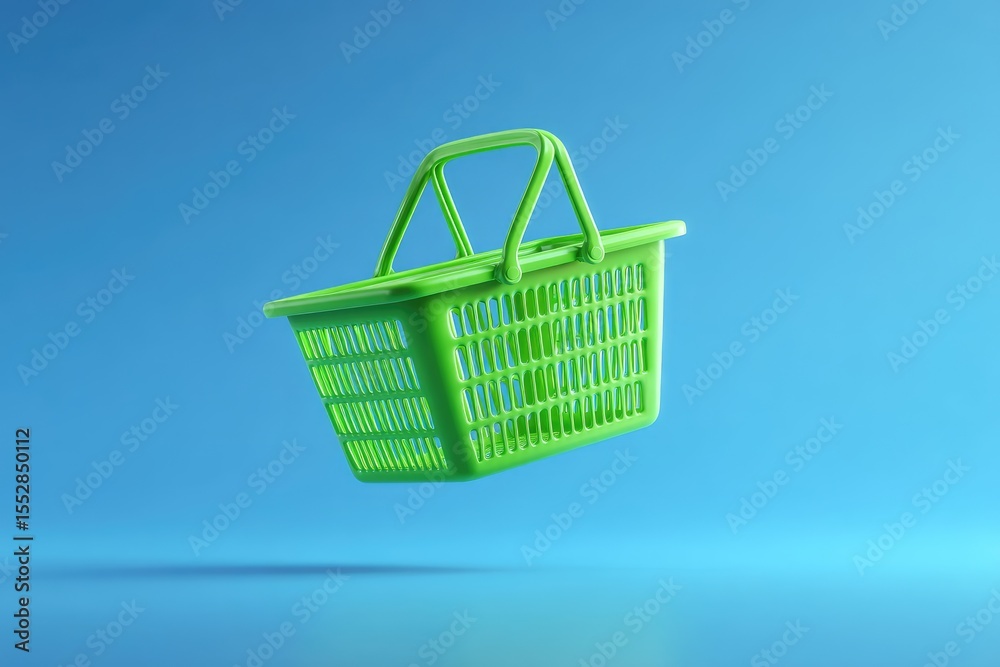 Fototapeta premium A vibrant lime-green plastic shopping basket floats against a serene light-blue backdrop, subtly shadowed on the surface below