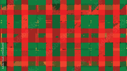 Red and green plaid pattern with distressed texture and abstract elements vector