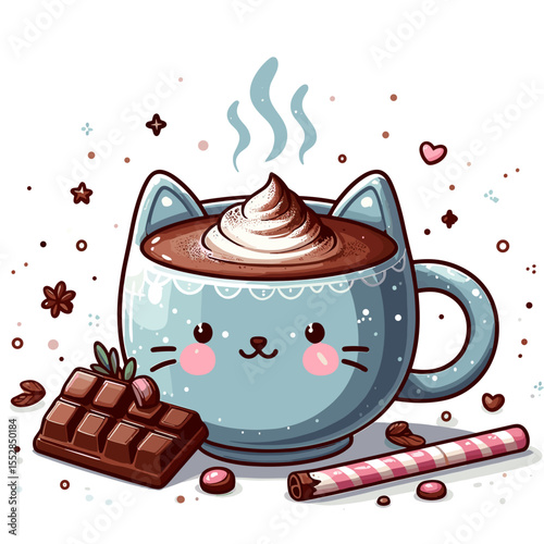 Cute cat mug with hot chocolate and whipped cream cartoon