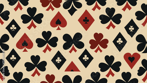 Seamless pattern of playing card suits in black red and beige playing cards clover