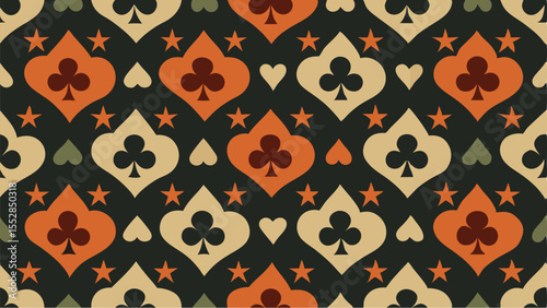 Seamless pattern of playing card suits and stars in earthy tones playing cards clubs