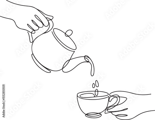 Continuous Line Art Pouring Tea from Teapot into Cup Minimalist Drawing