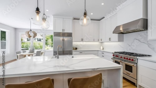 Wallpaper Mural Bright, modern kitchen with white cabinets, marble countertops, and pendant lights Torontodigital.ca