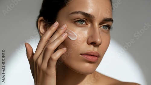 Young caucasian female applying skincare cream for healthy glowing skin