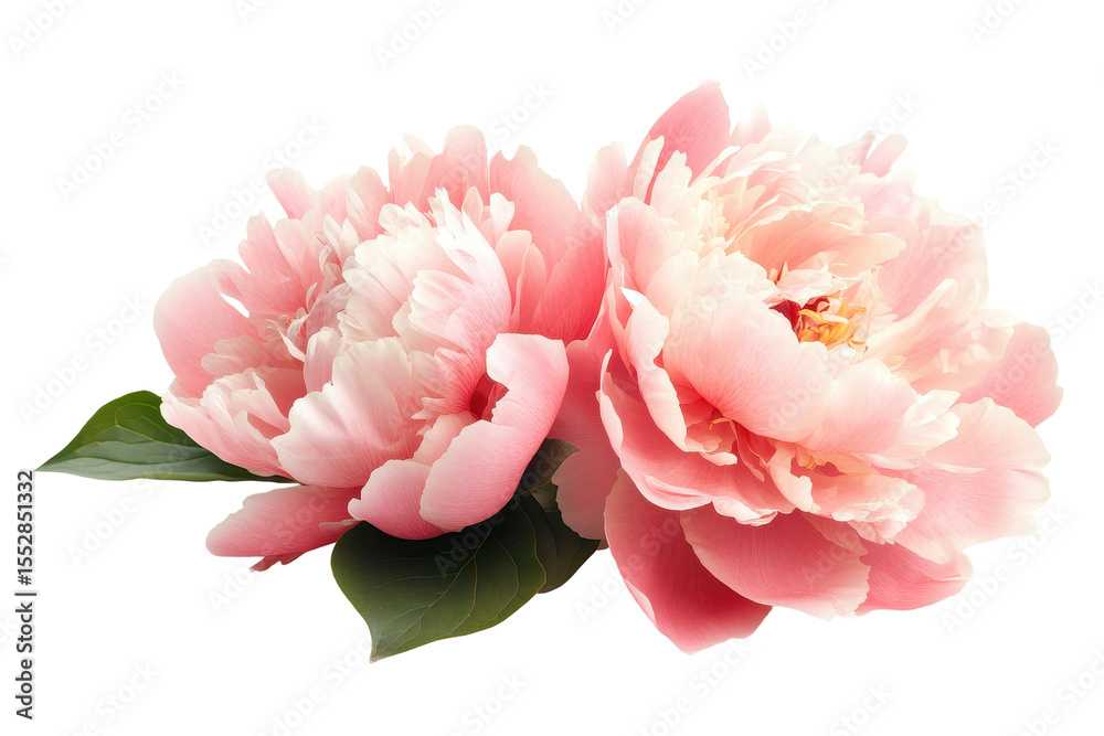 Obraz premium Peony flowers in soft pink tones with lush green leaves against a bright white background for floral decoration and arrangement inspiration