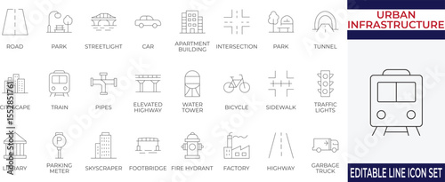 A clean and modern line icon set featuring key urban infrastructure components. Perfect for city planning, transportation, and smart city design visuals.