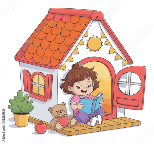 House with Reading Girl Illustration