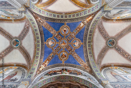BOBBIO, ITALY - MAY 20, 2025: The ceiling fresco in the church of Abbazia di San Colombano by Bernardino Lanzani  (1526-1530).