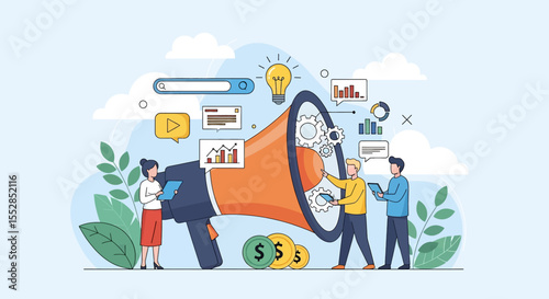 Adobe illustrator vector flat style illustration: A team engages in digital marketing, using a megaphone, analyzing charts, generating ideas, and managing finances