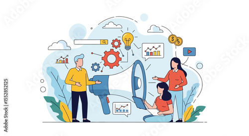 Adobe illustrator vector flat style illustration: A team engages in digital marketing, using a megaphone, analyzing charts, generating ideas, and managing finances