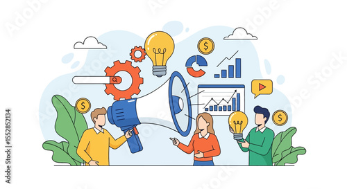 Adobe illustrator vector flat style illustration: A team engages in digital marketing, using a megaphone, analyzing charts, generating ideas, and managing finances