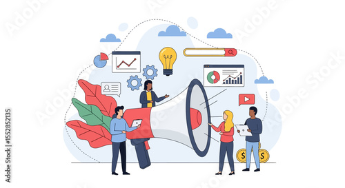 Adobe illustrator vector flat style illustration: A team engages in digital marketing, using a megaphone, analyzing charts, generating ideas, and managing finances