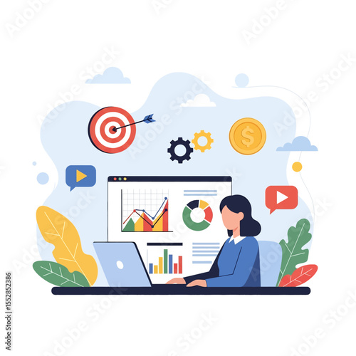 Adobe illustrator artwork vector flat illustration: Flat style illustration depicting a people working on a laptop displaying business analytics charts