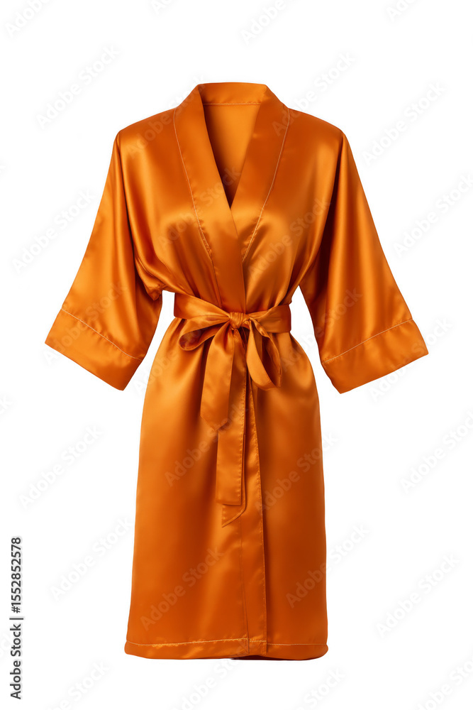 Elegant orange satin robe with a tie belt and kimono-style sleeves. Png, Transparent background. Elegant orange satin robe with a tie belt and kimono-style sleeves. Png, Transparent background.