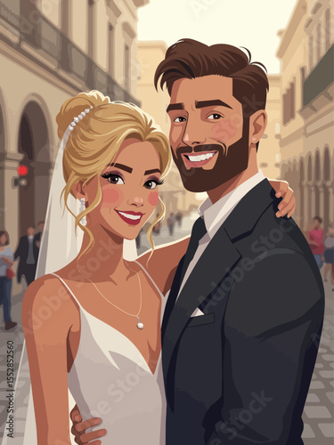 A bride and man are standing, smiling, and looking at the camera