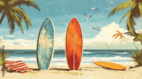 Vintage surf scene on a sandy beach