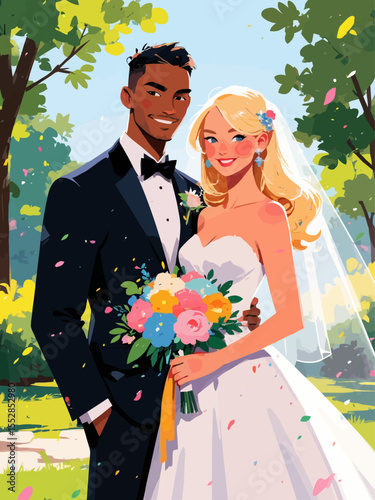 A bride and man are standing, smiling, and looking at the camera