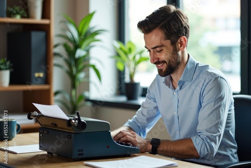 Young businessman utilizing a vintage typewriter in a contemporary workspace.
