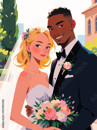 A bride and man are standing, smiling, and looking at the camera