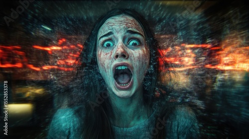 Terrified woman screams in horror