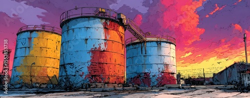 eco-friendly oil storage Colorful Industrial Tanks Under Sunset Sky with Dramatic Clouds oil tank graffiti art futuristic oil tank scene