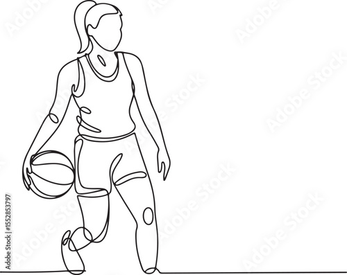 Continuous Line Drawing of a Basketball Player Dribbling the Ball on the Court