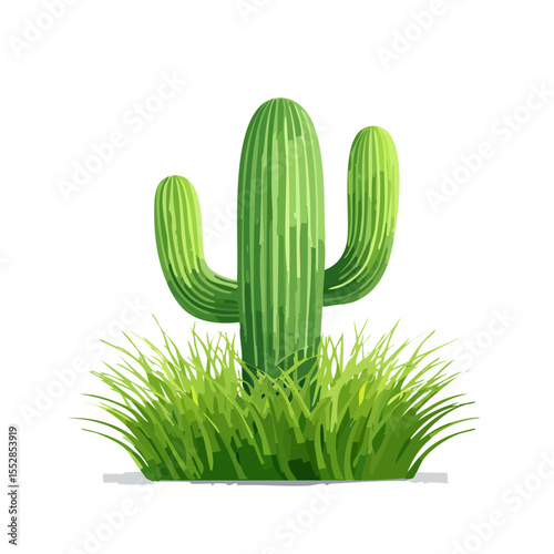 Saguaro Cactus with Desert Grass - Southwestern USA Flora Illustration