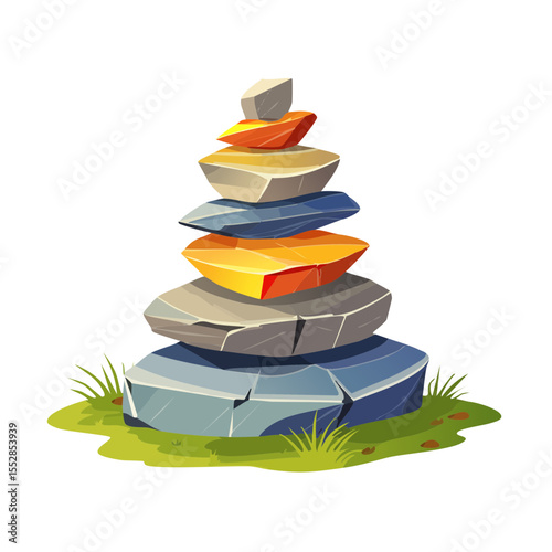 Illustration of a Stack of Rocks with Grass on a Black Background