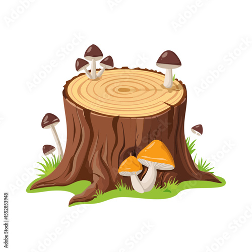 Cartoon Tree Stump Surrounded by Mushrooms in a Forest