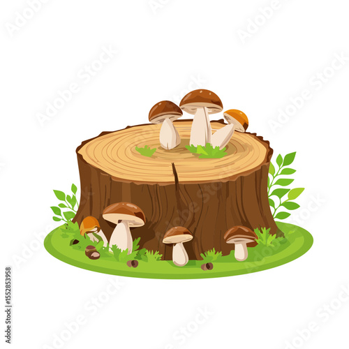 Mushrooms growing on a tree stump, illustration, nature theme