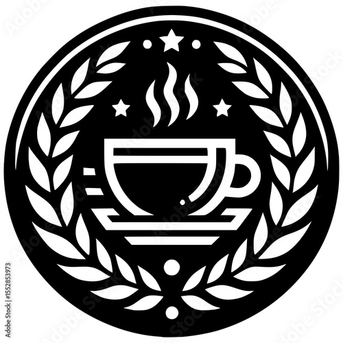 A bold black and white emblem logo of a coffee shop with a coffee cup, laurel leaves