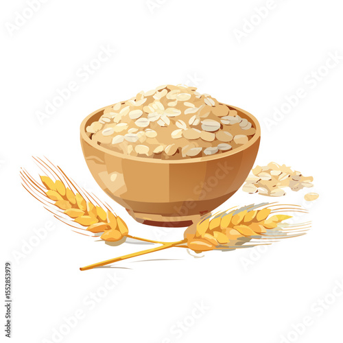 Illustration of oatmeal in a wooden bowl with wheat stalks.