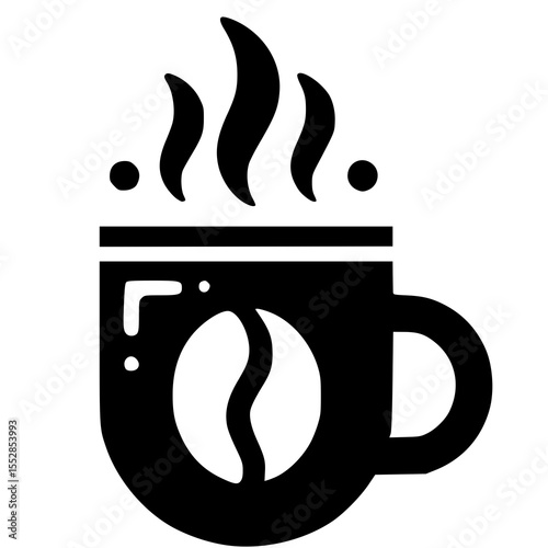 minimalist black and white logo of a steaming coffee mug with coffee bean icons integrated into the design