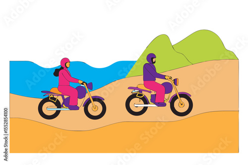 An adventurous couple on motorcycles by the coast, taking in nature’s beauty and enjoying outdoor freedom.