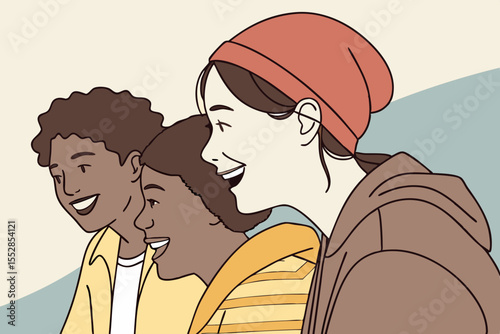 Close-up of smiling friends, enjoying relaxed moments together with genuine happiness and camaraderie.