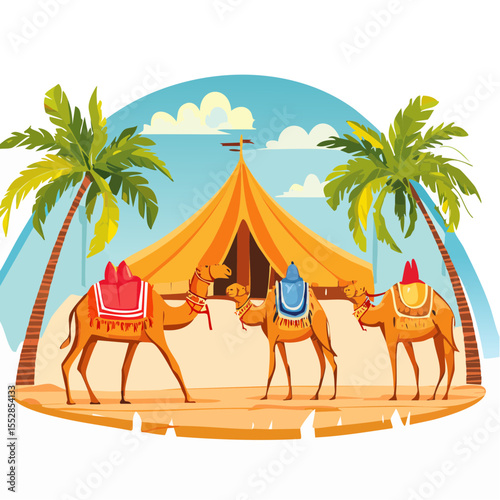 Desert Caravan with Camels and Tent Scene Illustration