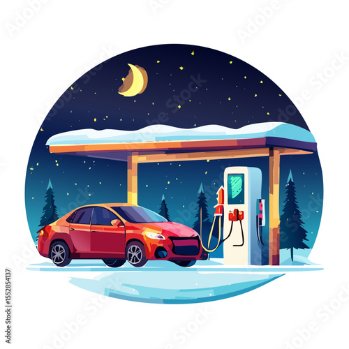 Cartoon Car at Gas Station in Winter Night