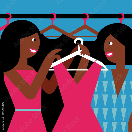 Two women shopping for clothes, browsing racks of fashionable garments, enjoying retail therapy time.