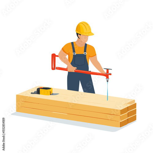 Carpenter cutting wood with handsaw wearing hardhat and work clothes