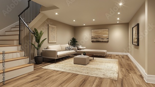 Cozy Renovated Basement Lounge with Modern Furniture