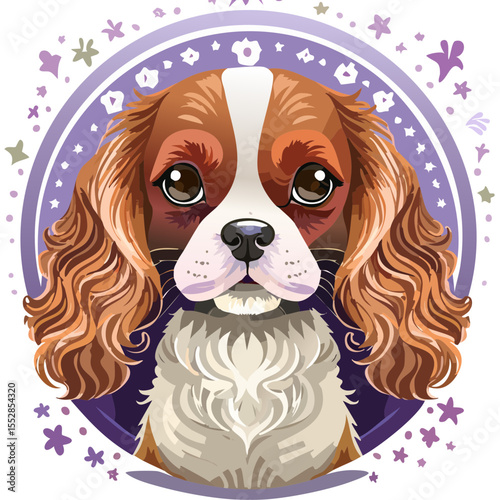 Cavalier King Charles Spaniel Portrait on Purple Floral Roundel