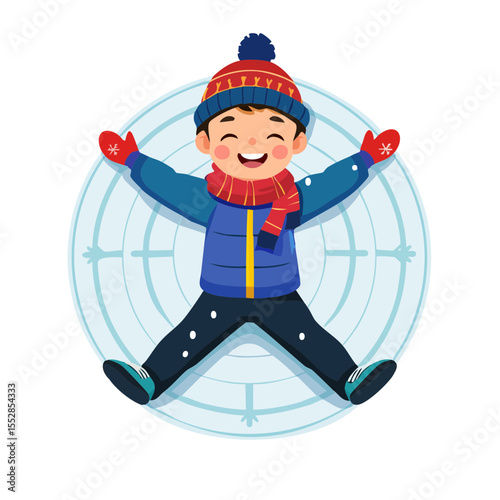 Happy Boy Making a Snow Angel in Winter