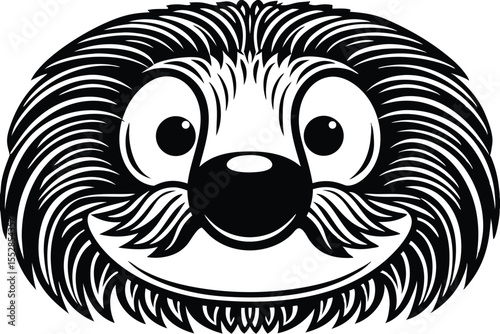 Cartoon depicts a cheerful sloth face with a bushy hairstyle in black and white