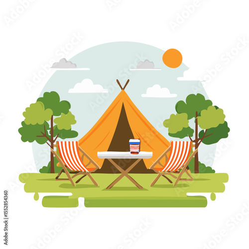 Camping Scene with Tent, Chairs, and Table in a Natural Setting