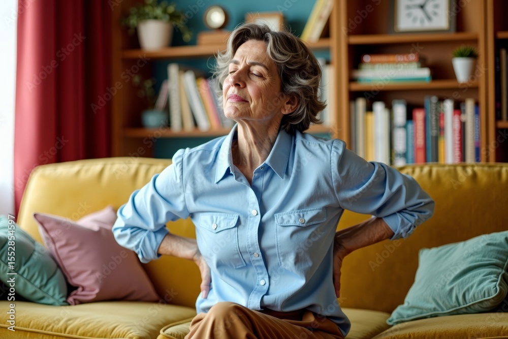 Obraz premium Quiet Battles: A Photo Series of Everyday Struggles - Portrait of a Mature Woman with a Backache in a Colorful Living Room Setting
